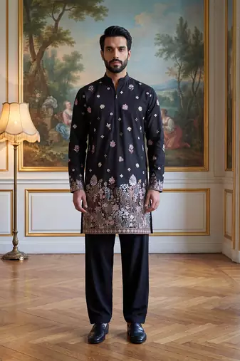 Men black silk blend embroidered straight kurta sets