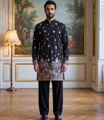 Men black silk blend embroidered straight kurta sets