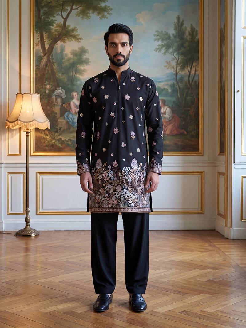 Men black silk blend embroidered straight kurta sets
