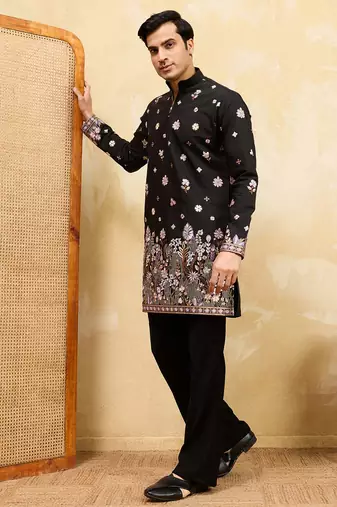 Men black silk blend embroidered straight kurta sets