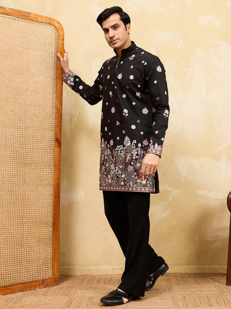 Men black silk blend embroidered straight kurta sets