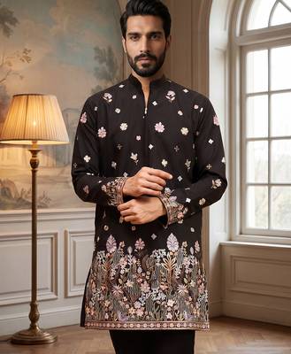 Men black silk blend embroidered straight kurta sets 2