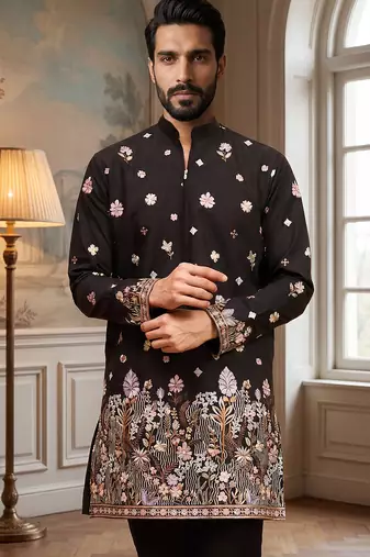 Men black silk blend embroidered straight kurta sets