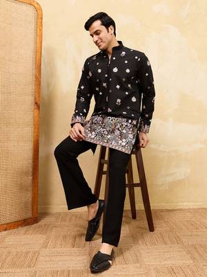 Men black silk blend embroidered straight kurta sets 3