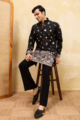 Men black silk blend embroidered straight kurta sets