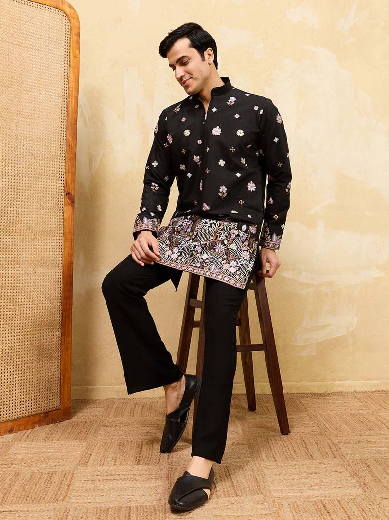 Men black silk blend embroidered straight kurta sets