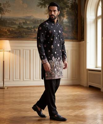 Men black silk blend embroidered straight kurta sets 3