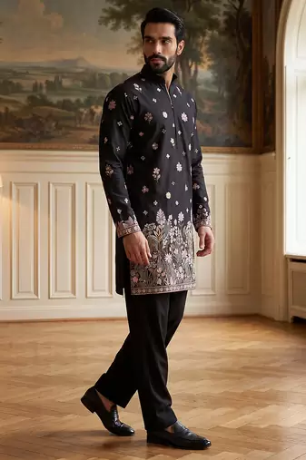Men black silk blend embroidered straight kurta sets