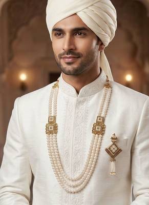   groom sherwani necklace moti mala layered for wedding | groom mala with brooch set 6