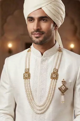   groom sherwani necklace moti mala layered for wedding | groom mala with brooch set