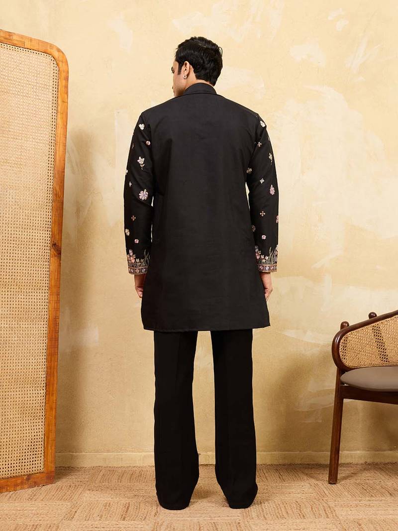 Men black silk blend embroidered straight kurta sets