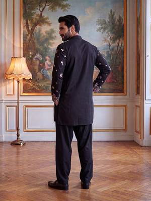 Men black silk blend embroidered straight kurta sets 4