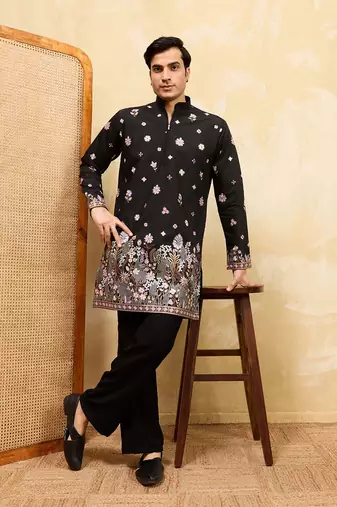 Men black silk blend embroidered straight kurta sets