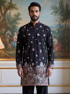 Men black silk blend embroidered straight kurta sets 5