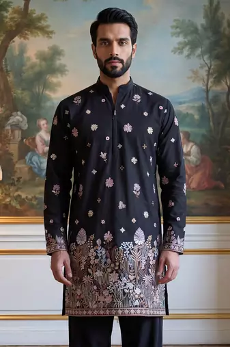 Men black silk blend embroidered straight kurta sets