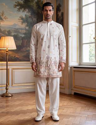 Men white silk blend embroidered straight kurta sets 1