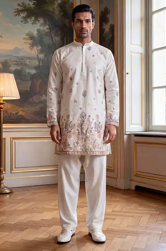 Men white silk blend embroidered straight kurta sets