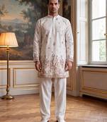 Men white silk blend embroidered straight kurta sets