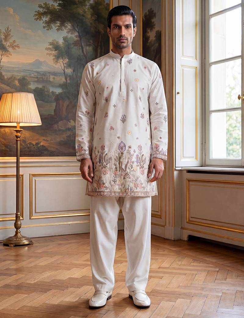 Men white silk blend embroidered straight kurta sets
