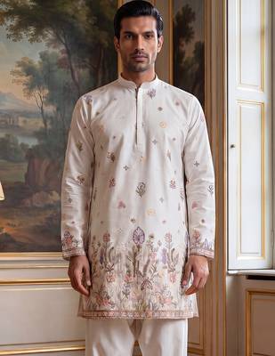 Men white silk blend embroidered straight kurta sets 2