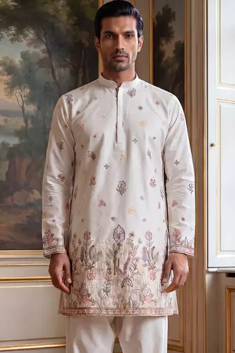 Men white silk blend embroidered straight kurta sets