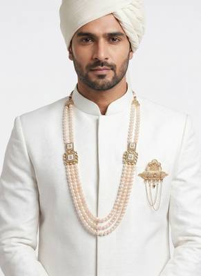   groom sherwani necklace moti mala layered for wedding | groom mala with brooch set 6