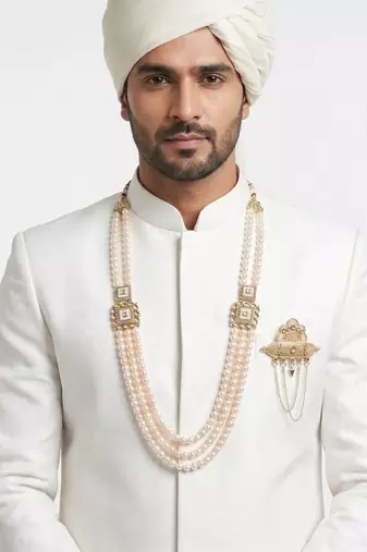   groom sherwani necklace moti mala layered for wedding | groom mala with brooch set