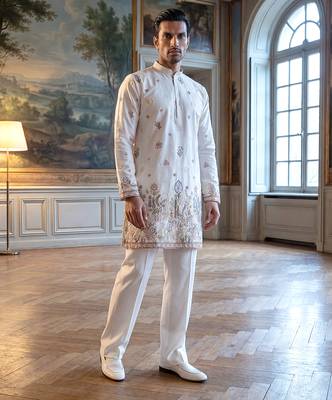 Men white silk blend embroidered straight kurta sets 3