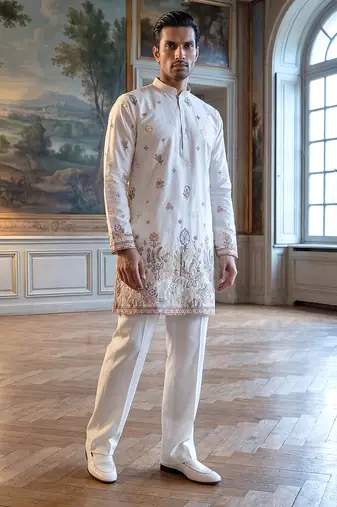 Men white silk blend embroidered straight kurta sets