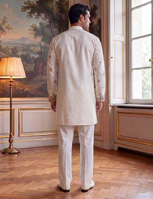 Men white silk blend embroidered straight kurta sets 4