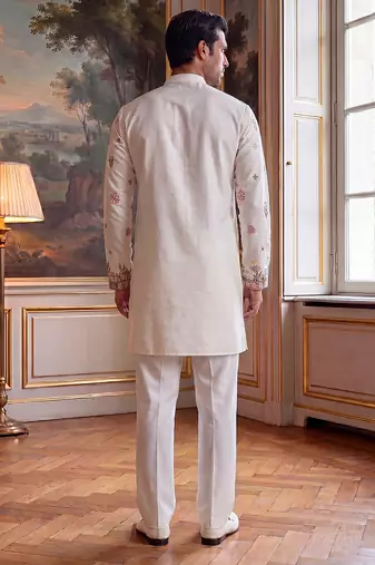 Men white silk blend embroidered straight kurta sets