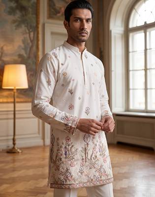 Men white silk blend embroidered straight kurta sets 5