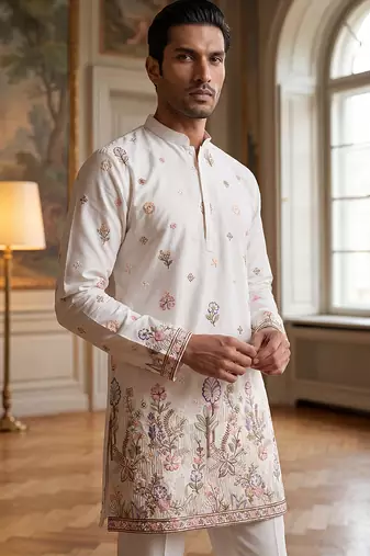 Men white silk blend embroidered straight kurta sets