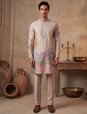 Men taupe silk blend embroidered straight kurta sets 1