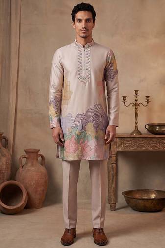 Men taupe silk blend embroidered straight kurta sets