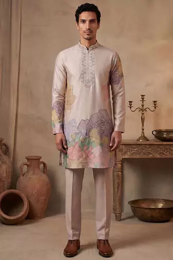 Men taupe silk blend embroidered straight kurta sets
