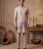 Men taupe silk blend embroidered straight kurta sets