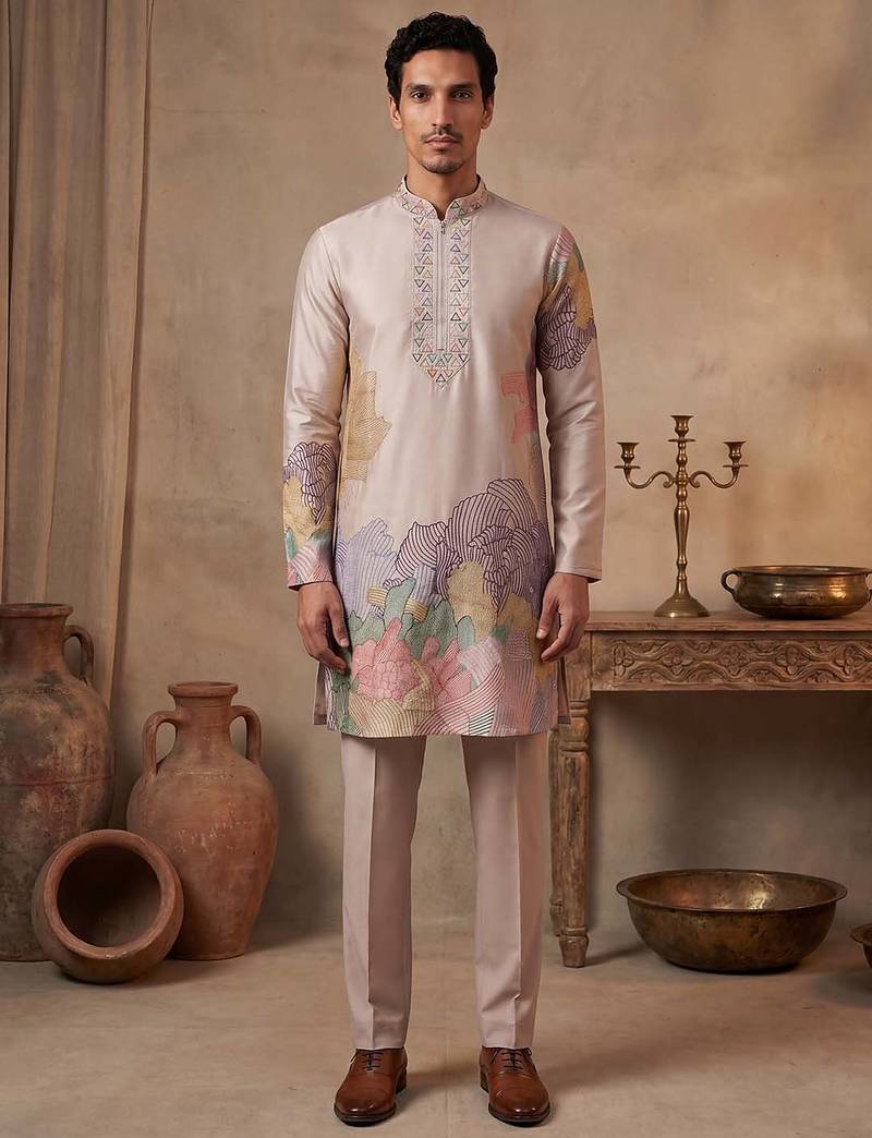 Men taupe silk blend embroidered straight kurta sets
