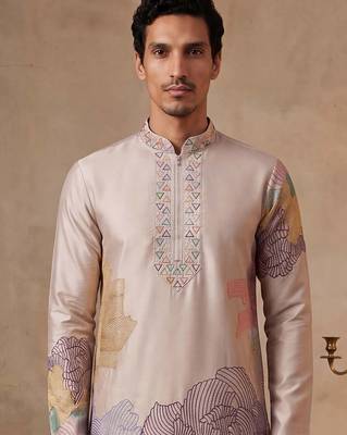 Men taupe silk blend embroidered straight kurta sets 2