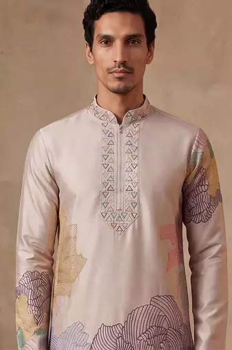 Men taupe silk blend embroidered straight kurta sets