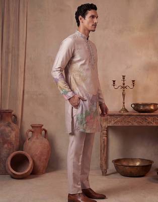 Men taupe silk blend embroidered straight kurta sets 3