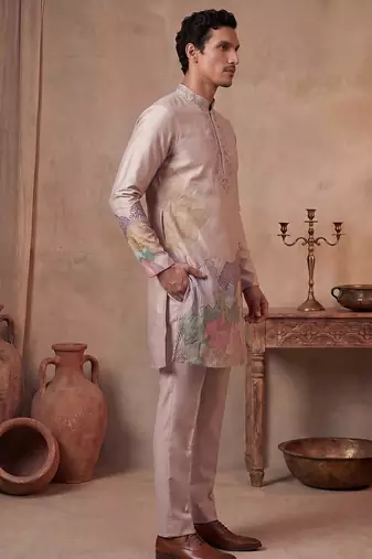 Men taupe silk blend embroidered straight kurta sets