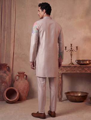 Men taupe silk blend embroidered straight kurta sets 4