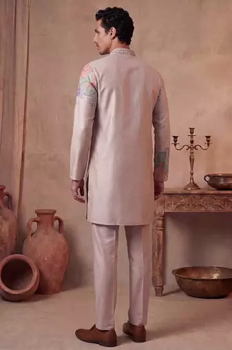 Men taupe silk blend embroidered straight kurta sets