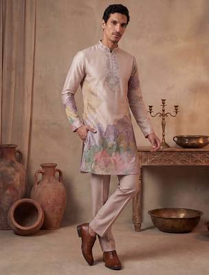 Men taupe silk blend embroidered straight kurta sets 5