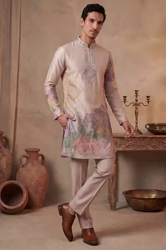 Men taupe silk blend embroidered straight kurta sets