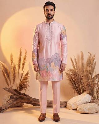 Men pink silk blend embroidered straight kurta sets 1