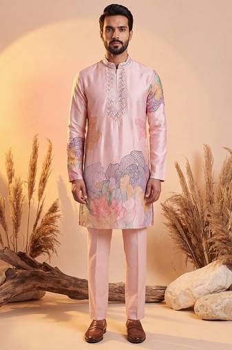 Men pink silk blend embroidered straight kurta sets