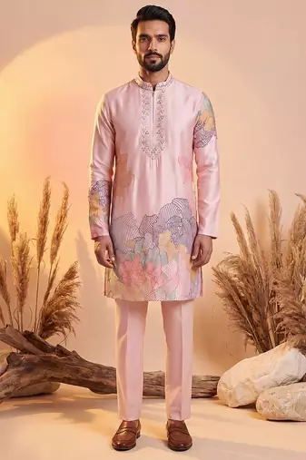Men pink silk blend embroidered straight kurta sets
