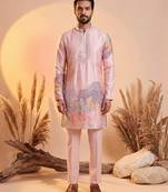Men pink silk blend embroidered straight kurta sets
